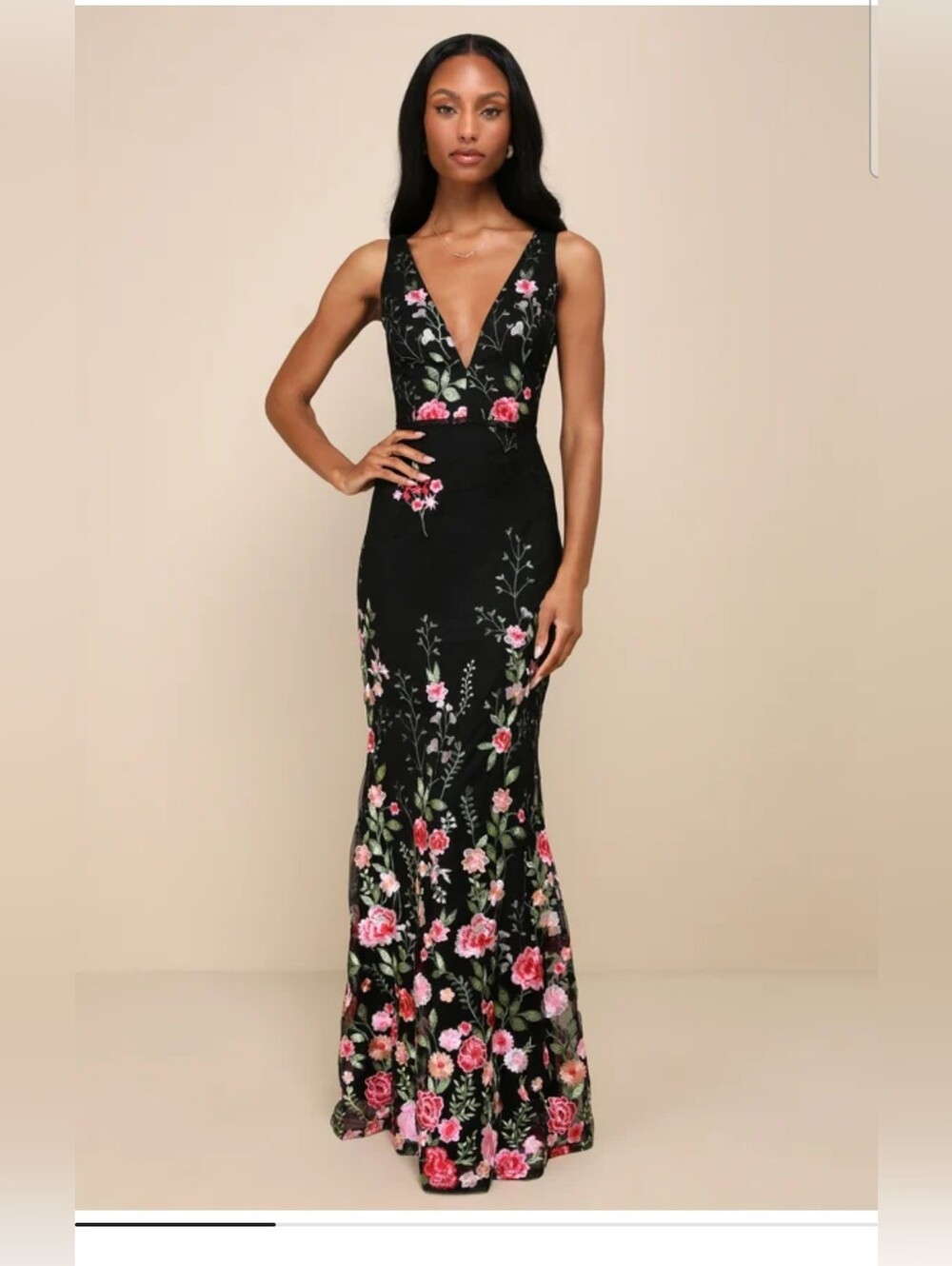 Soiree Blossom Black Floral Embroidered Mermaid Maxi Dress